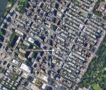 Aerial view of Manhattan Upper West Side showing location at 70th and Broadway. 