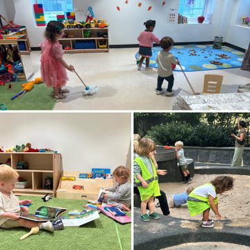 Three photos of children in the classroom cleaning, babies looking at books, and little ones playing around the sandbox